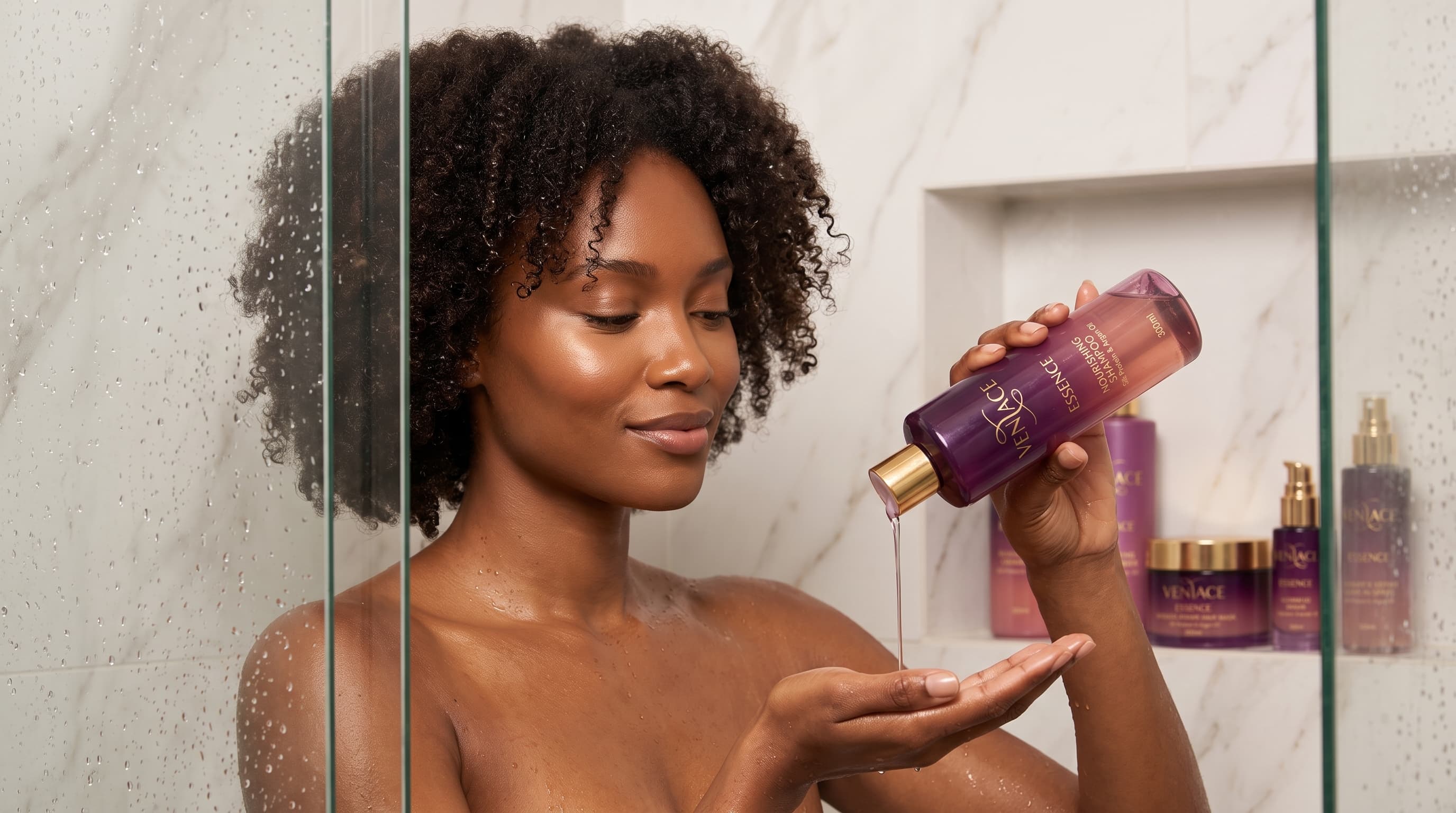 Pouring Nourishing Shampoo in the atelier